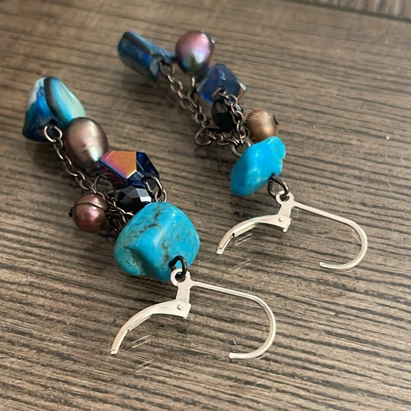 Vintage Sterling Lever Back Shell, Stone, and Crystal Dangle Earrings - Picture 5 of 12